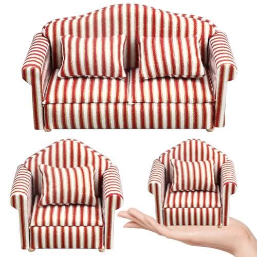 3 teiliges Puppenhaus Sofa Set, lebensechtes Stoff Streifenmuster, Puppenhausmöbel im Maßstab 1:12 mit Kissen, kreatives DIY Mini Sofa für Puppenhaus Dekor, Rollenspielgeschenke für Kinder im Ma von CAKEEYUM