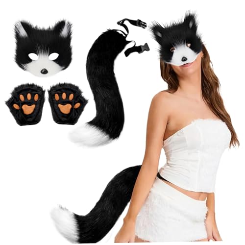 3 teiliges Therian Ausrüstungsset Halloween Therian Maske und Schwanz Handschuhset schwarz weiße halbe Fuchsmaske mit verstellbarer Schnalle pelziger Schwanz für Halloween Cosplay Katzenmaske The von CAKEEYUM