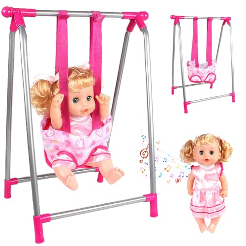 Babypuppenschaukel mit Babypuppe, 12 x 12 Zoll, simuliertes Babypuppenschaukelspielzeug mit Sitz, fantasievolles und vorgetäuschtes Spielen, Babypuppenmöbel, Puppenzubehör für 0–3 Jahre, Babypup von CAKEEYUM