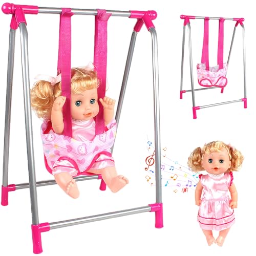 Babypuppenschwung mit Babypuppe 12x12in Simuliertes Babypuppen-Schwungspielzeug mit Sitz im einfallsreichen und vorgetäuschten Spiel Babypuppenmöbel Puppenzubehör für 0-3 Alter Babypuppenschwung Spie von CAKEEYUM