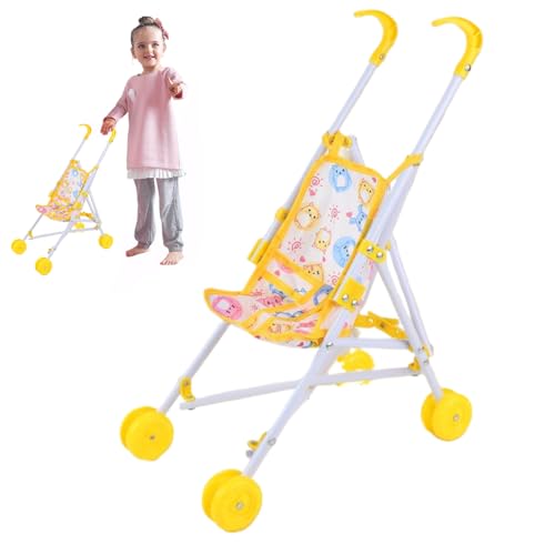 Babypuppenstuhl Kinderwagen falten tragbare Puppenwagen mit T-förmiger Sicherheitsgürtel & Push-Griff abnehmbar waschbarer Babypuppenwagen für Mädchen, vorgetäuschtes Spiel, gelbe Puppenwagenbaby Dol von CAKEEYUM