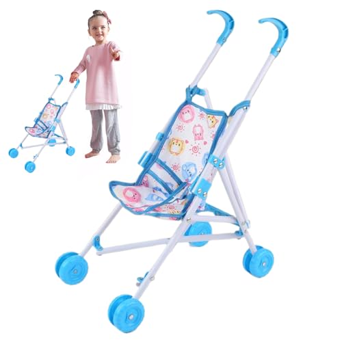 Babypuppenstuhl Kinderwagen falten tragbarer Puppenwagen mit T-förmiger Sicherheitsgürtel & Push-Griff abnehmbar waschbarer Babypuppenwagen für Mädchen, vorgetäuschtes Spiel, Blue Doll Kinderbraunbab von CAKEEYUM