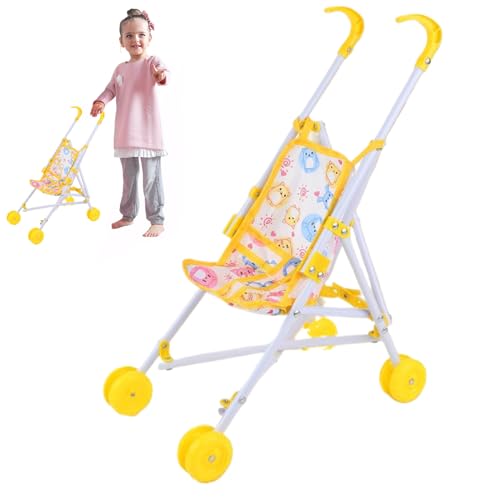 CAKEEYUM Babypuppenstuhlwagen Faltbare tragbare Puppenwagen mit T-förmiger Sicherheitsgürtel & Push-Griff abnehmbar waschbarer Babypuppenwagen für Mädchen, vorgetäuschtes Spiel, Gelb von CAKEEYUM