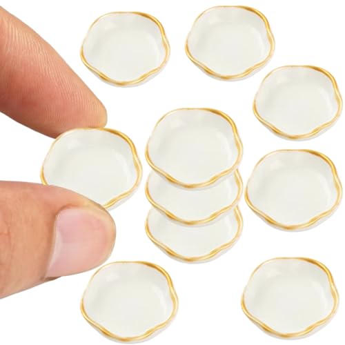 CAKEEYUM 10pcs Miniatur -Küchenset, Harzplatten 1/12 Maßstab Accessoires Weiß mit goldenen Verkleidungen Runde Gerichte Miniaturmöbel Dekoration Ornament für Vintage Küchen -Esszimmer von CAKEEYUM