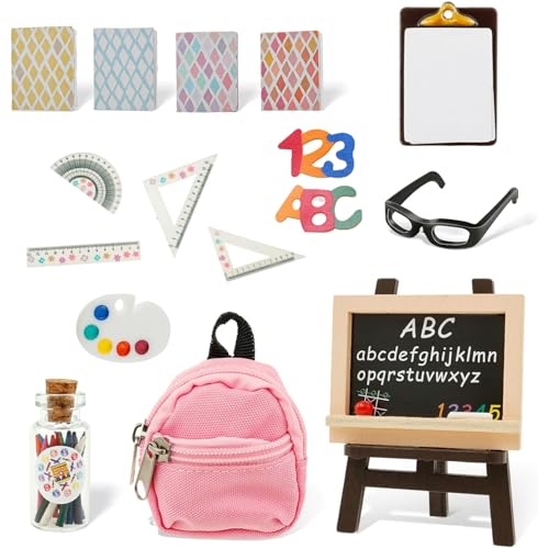 17pcs/Set Mini School Supplies Dollhouse, einschließlich winziger Rucksack, Mini -Blackboard, Bleistift, Brille, Briefpapier, Bücher Plastik Mini Dollhouse Accessoires Set Game von CAKEEYUM