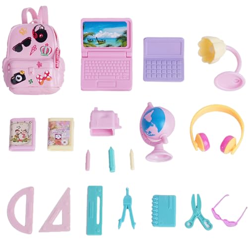 CAKEEYUM 18pcs Mini School Supplies Dollhouse, einschließlich winziger Rucksack, Mini -Laptop, Schreibtischlampe, Briefpapier, Globus, Brille, Kopfhörer Puppenhauszubehör Set -Spiel von CAKEEYUM