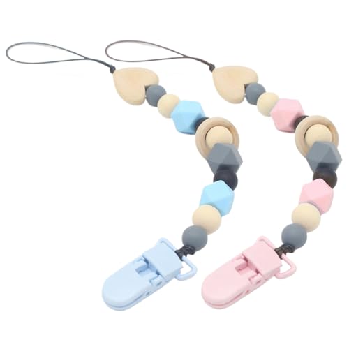 CAKEEYUM 2 Stück Schnullerclip, süßer Baby Schnullerclip aus Silikon, gratfreier Schnullerclip mit Perlen, Binky Clips, Schnullerhalter Clip für Babys, Mädchen und Jungen, Neugeborenen Schnullerclip von CAKEEYUM