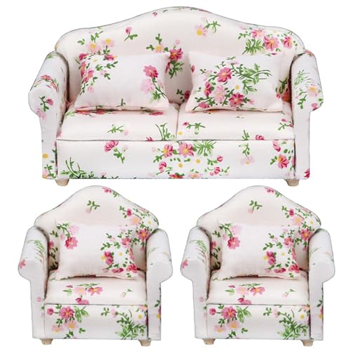 CAKEEYUM 3pcs 1 12 Skala Dollhouse Möbel, Blumenmuster Doppel ＆ Einzelpuppenhaus Couch mit Kissen Sessel Sofa Wohnzimmer Dollhouse Möbel Holz Puppenhauszubehör von CAKEEYUM