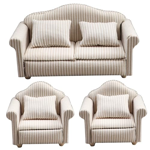 CAKEEYUM 3pcs 1 12 Skala Dollhouse Möbel, gestreiftes Doppel ＆ Einpuppenhaus Couch mit Kissen Sessel Sofa Wohnzimmer Dollhouse Möbel Holzpuppenhauszubehör von CAKEEYUM