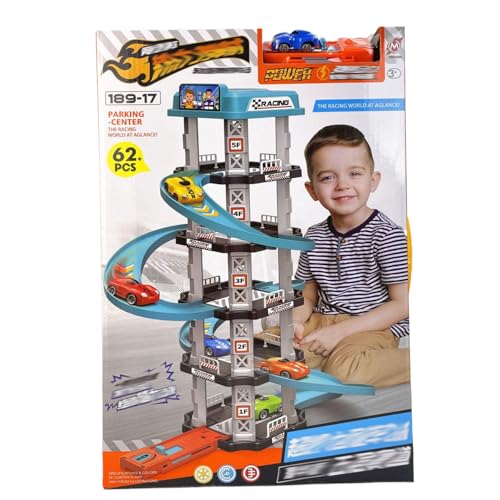 CAKEEYUM Auto Garage Spielzeugset 5 Schicht Spielzeugauto Garage mit Heliport Easy Assembly Toy Car Ramp mit Launcher Kurve Interaktive Entwicklungspflichten Auto -Streckengeschenke für Jungen von CAKEEYUM