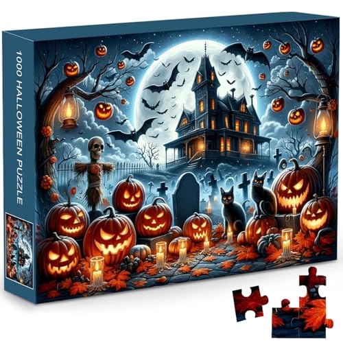 CAKEEYUM Halloween -Rätsel für Erwachsene 1000 Stücke Spooky Halloween -Puzzle mit Rückenspitze und Referenzplakat Tight Fit Clear Print Halloween Puzzles, 20x28in von CAKEEYUM