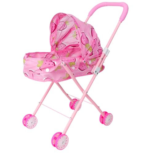 Puppenwagen Erdbeermuster Falten Sie Babypuppenwagen mit Push -Handle und Einstellbarer Schatten Abnehmbarer tragbarer Stabiler Babypuppenkameraden für Mädchen, so tun Sie das Spielspiel. von CAKEEYUM