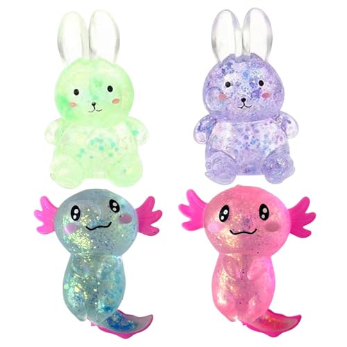 CAKEEYUM Squeeze Toy 4PCS Rabbit & Axolotl -Form niedliches, lebendiges belastbares Stressspielzeug Glitzer Angst und Stress -Relief -Spielzeug für Kinder, Erwachsene, zufälliges Farbspiel von CAKEEYUM