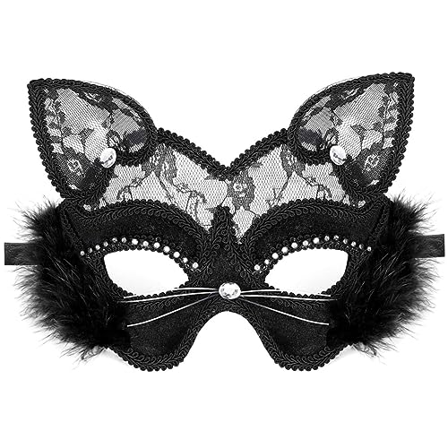 CAKEEYUM Venezianische Maskerade Maske Weihnachten Halloween Kostüm Luxus Schwarze Katzenspitzenmaske von CAKEEYUM