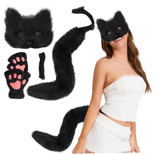 Fox Kostüm Halloween Pelzige Therian Maske und Schwanz & Pfoten Handschuhe Plüsch Flauschige Katze Wolf Pelsery Kostüm mit Maske, Schwanz und Handschuhen für Cosplay -Party Halloween Masquerade (schw von CAKEEYUM