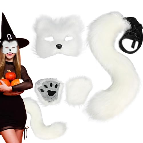 Fuchsmaske und Schwanz mit Fuchspfoten realistisches personalisiertes flauschiges Plüsch Fuchskostüm für Frauen dekoratives pelziges Katzenkostüm für Cosplay Party Halloween Maskenball (weiß) Fuc von CAKEEYUM