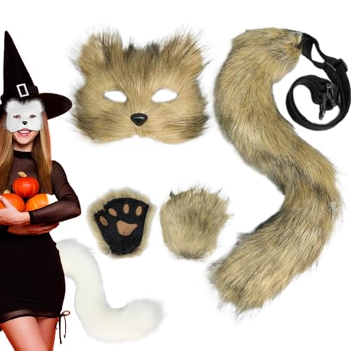 Fuchsmaske und schwanz mit Fuchspfoten realistisches personalisiertes flauschiges Fuchskostüm aus Plüsch für Frauen dekoratives pelziges Katzenkostüm für Cosplay Partys Halloween Maskenball (Glas von CAKEEYUM