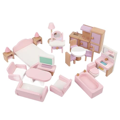 Puppenhausmöbel Set aus Holz, 22 tlg. Puppenhaus Miniatur, emuliertes Puppenhauszubehör, Rollenspielspielzeug für Kinder, Jungen und Mädchen ab 3 Jahren. Puppenhausmöbel Set aus Holz, Puppenhaus von CAKEEYUM