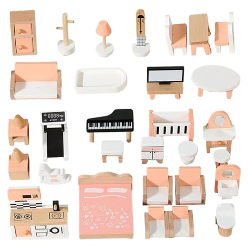 Puppenhausmöbel Set aus Holz, 34 tlg. Puppenhaus Miniatur, emuliertes Puppenhauszubehör, Rollenspielspielzeug für Kinder, Jungen und Mädchen ab 3 Jahren. Puppenhausmöbel Set aus Holz, Puppenhaus von CAKEEYUM