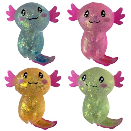 Stress Spielzeug, 4 Stück, 10,2 x 7,6 cm, glitzerndes Axolotl Quetschspielzeug, Bezauberndes Axolotl Spielzeug, weiches Stressabbau Spielzeug, dehnbares Axolotl Zappelspielzeug für Kinder und Er von CAKEEYUM