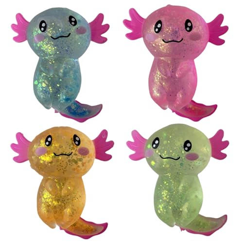 Stressspielzeug 4pcs 4 x 3 Zoll Glitzer Axolotle Squeeze Spielzeug entzückend Axolotl Spielzeug Soft Stress Relief Toy Axolotl Stretchy Fidget Toys für Kinder und Erwachsene Party, Geburtstagsgeschen von CAKEEYUM