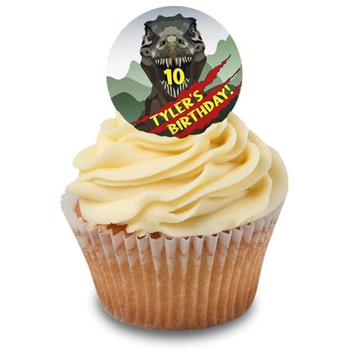 Cakeshop Cupcake Personalisierte Essbare Kuchenaufleger Mit Gruseligem T-Rex & Kratzern | Personalisieren Mit Ihrem Namen & Alter | Für Geburtstage & Feiern | Zuckerguss- & Oblatenpapier-Optionen von CAKESHOP edible cake toppers EST. 2012