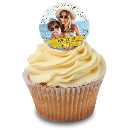 Cakeshop Cupcake Personalisierte Essbare Kuchenaufleger Mit Konfetti-Rand & Goldtext-Bannern | Personalisieren Mit Ihrem Bild & Text | Für Geburtstage & Feiern | Zuckerguss- oder Oblatenpapier von CAKESHOP edible cake toppers EST. 2012