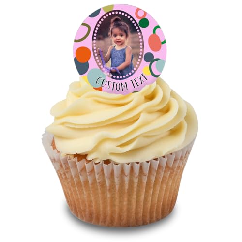 Cakeshop Cupcake Personalisierte Essbare Kuchenaufleger Mit Mehrfarbigem Kreis Pinker Rand | Personalisieren Mit Ihrem Eigenen Bild & Text | Geburtstage & Feiern | Zuckerguss & Oblatenpapier Optionen von CAKESHOP edible cake toppers EST. 2012