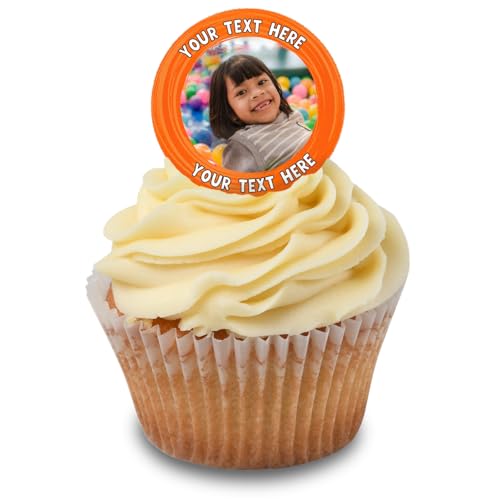 Cakeshop Cupcake Personalisierte Essbare Kuchenaufleger Mit Orange Rand & Text | Personalisieren Sie Bild & Text | Für Geburtstage & Feiern | Zuckerguss & Oblatenpapier Optionen von CAKESHOP edible cake toppers EST. 2012