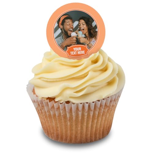 Cakeshop Cupcake Personalisierte Essbare Kuchenaufleger Mit Pastell-Orange Rand & Textbanner | Personalisieren Sie Bild & Text | Für Geburtstage & Feiern | Zuckerguss- & Oblatenpapier-Optionen von CAKESHOP edible cake toppers EST. 2012