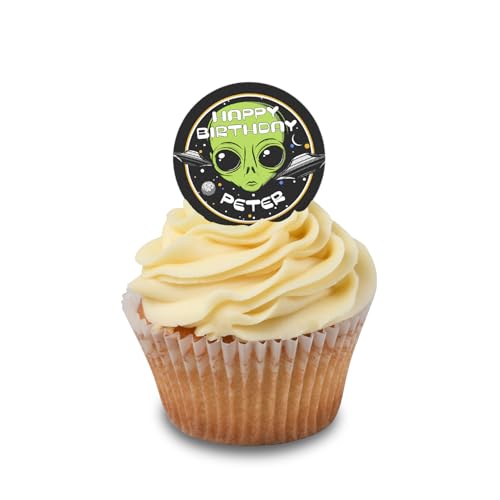 Cakeshop Cupcake Personalisierte Essbare Kuchenaufleger Weltraum Alien & Raumschiffe | Benutzerdefinierter Text | Für Geburtstage & Feiern | Mehrere Formen & Größen | Zuckerguss- & Oblatenpapier von CAKESHOP edible cake toppers EST. 2012