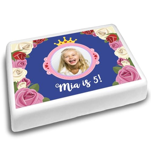 Cakeshop Landschaft Personalisierter Essbarer Kuchenaufleger Mit Goldener Prinzessinnenkrone & Rosen| Personalisieren Sie Bild & Text| Geburtstage & Feiern| Mehrere Formen Größen| Zucker/Oblatenpapier von CAKESHOP edible cake toppers EST. 2012