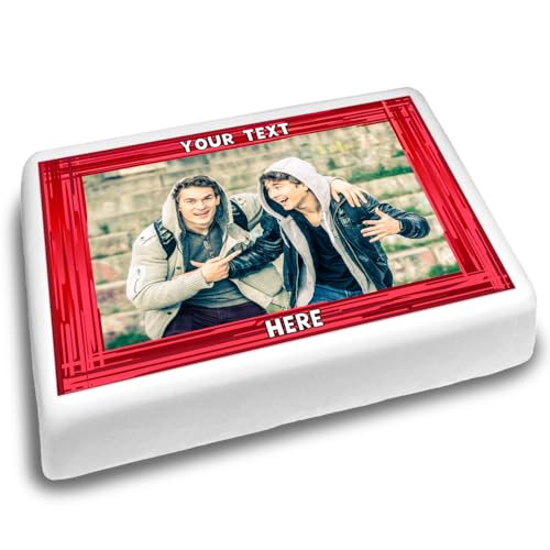 Cakeshop Landschaft Personalisierter Essbarer Kuchenaufleger Mit Rotem Rand & Text | Benutzerdefiniertes Bild & Text | Für Geburtstage & Feiern | Mehrere Formen & Größen | Zuckerguss & Oblatenpapier von CAKESHOP edible cake toppers EST. 2012