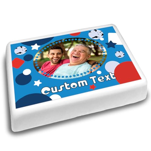 Cakeshop Landschaft Personalisierter Essbarer Kuchenaufleger Rote & Blaue Geometrische Formen Rand & Text|Benutzerdefiniertes Bild, text|Geburtstage Feiern|Mehrere Formen Größen|Zucker/Oblatenpapier von CAKESHOP edible cake toppers EST. 2012