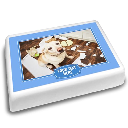 Cakeshop Landschaft Personalisierter Essbarer Kuchenaufleger mit Pastellblauem Rand & Textbanner| Benutzerdefiniertes Bild & Text| Für Geburtstage Feiern| Mehrere Formen Größen| Zucker/Oblatenpapier von CAKESHOP edible cake toppers EST. 2012