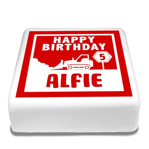 Cakeshop Quadratische Personalisierte Essbare Tortendekoration Bagger Bulldozer Schild Thema | Name & Alter Anpassen | Für Geburtstage & Feiern | Mehrere Formen & Größen | Zuckerguss & Oblatenpapier von CAKESHOP edible cake toppers EST. 2012