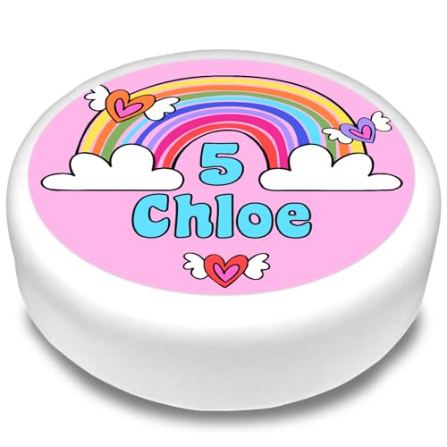 Cakeshop Runde Personalisierte Essbare Tortendekoration Mit Rosa Hintergrund & Regenbogen | Name & Alter Anpassen | Für Geburtstage & Feiern | Mehrere Formen & Größen | Zuckerguss & Oblatenpapier von CAKESHOP edible cake toppers EST. 2012