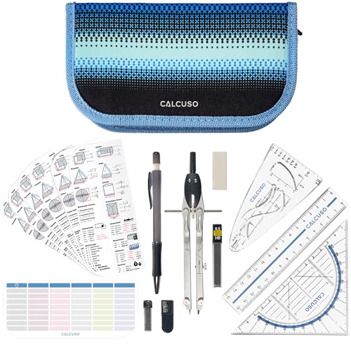 CALCUSO Geometrie Set PRO in Blauer Federmappe/Federmäppchen mit Zirkel und Geodreieck - Praktisches Mäppchen für Schule, Uni, Büro und Zeichnungen - Ideal als Geometrie-Set für die Schule von CALCUSO