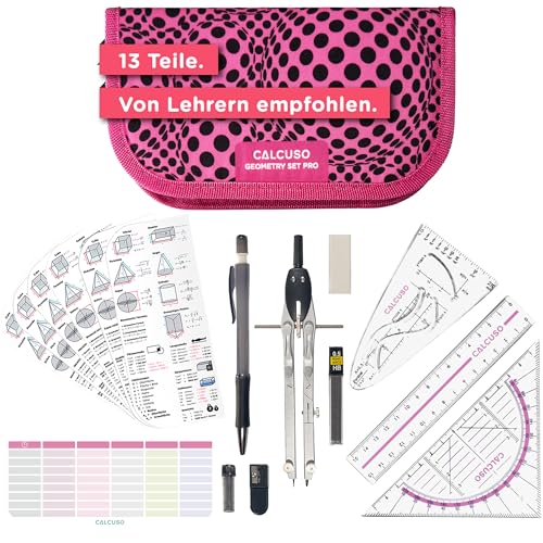 CALCUSO Geometrie Set PRO in Pinker Federmappe/Federmäppchen mit Zirkel und Geodreieck - Praktisches Mäppchen für Schule, Uni, Büro und Zeichnungen - Ideal als Geometrie-Set für die Schule von CALCUSO