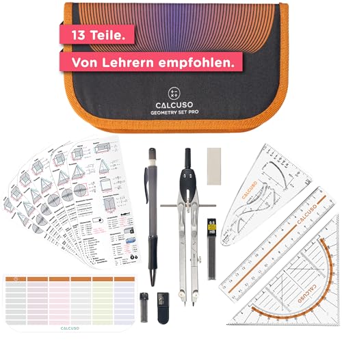 CALCUSO Geometrie Set PRO in orangener Federmappe/Federmäppchen mit Zirkel und Geodreieck - Praktisches Mäppchen für Schule, Uni, Büro und Zeichnungen - Ideal als Geometrie-Set für die Schule von CALCUSO