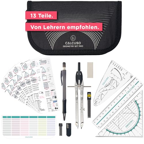 CALCUSO Geometrie Set PRO in schwarzer Federmappe/Federmäppchen mit Zirkel und Geodreieck - Praktisches Mäppchen für Schule, Uni, Büro und Zeichnungen - Ideal als Geometrie-Set für die Schule von CALCUSO