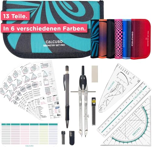 CALCUSO Geometrie Set PRO in türkiser Federmappe/Federmäppchen mit Zirkel und Geodreieck - Praktisches Mäppchen für Schule, Uni, Büro und Zeichnungen - Ideal als Geometrie-Set für die Schule von CALCUSO