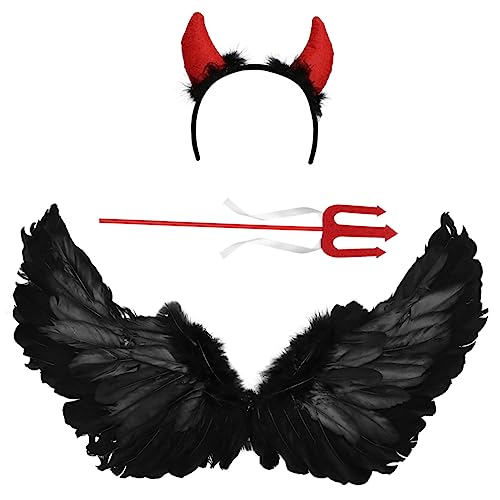 CALLARON 3st Halloween-show-flügel Halloween-teufel-cosplay-kostüm Teufelshörner Und Heugabel Teufelskostüm Für Damen Halloween-teufelshörner Vampir-dekor Stirnband Mit Teufelsohren Plastik von CALLARON