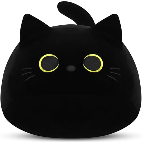 CALLOVE 18,9 Zoll Schwarze Katze Plüschtier Kawaii Katze Kuscheltier, Weiches Stofftier Kopfkissen Gefüllte Katze Puppe Tier Kissen Süße Dekoratives Kissen für Kinder Halloween Weihnachten Geschenk von CALLOVE