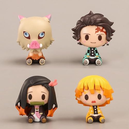 CALLOVE 4 niedliche Dämonentöter-Figuren, sitzend, 4,5 cm, Anime Kamado Tanjirou, Nezuko, Agatsuma Zenitsu, Hashibira Inosuke Big Head Figur, PVC-Sammelspielzeug für Fans von CALLOVE