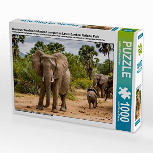 CALVENDO Puzzle Abenteuer Sambia: Elefant mit Jungtier im Lower Zambezi National Park 1000 Teile Lege-Größe 64 x 48 cm Foto-Puzzle Bild von Krueger Photography von CALVENDO