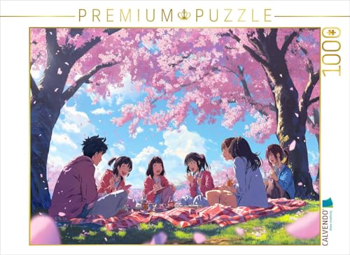 CALVENDO Puzzle Anime Kirschblüten-Picknick - Kawaii Manga-Szene mit Freunden unter Sakura Bäumen | 1000 Teile Lege-Größe 64 x 48 cm Foto-Puzzle für glückliche Stunden von CALVENDO