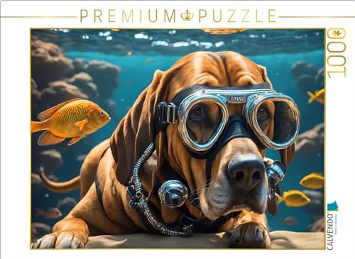 CALVENDO Puzzle Bluthund Pluto mit Schwimmbrille beim Tauchen | 1000 Teile Lege-Größe 64 x 48 cm Foto-Puzzle für glückliche Stunden von CALVENDO