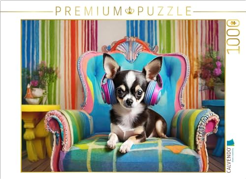 CALVENDO Puzzle Chihuahua mit Kopfhörern liegt auf einem bunten Sessel | 1000 Teile Lege-Größe 64 x 48 cm Foto-Puzzle für glückliche Stunden von CALVENDO