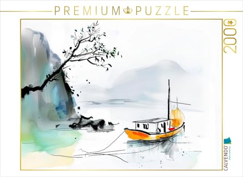 CALVENDO Puzzle Chinesische Dschunke am Ufer eines Sees. Tuschemalerei | 2000 Teile Lege-Größe 90 x 67 cm Foto-Puzzle für glückliche Stunden von CALVENDO